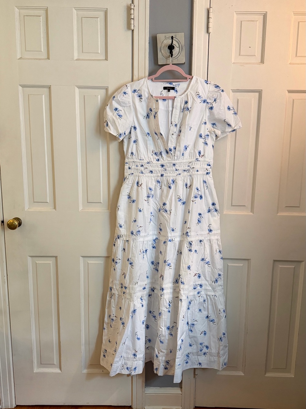 Quince White Maxi Dress with Blue Floral Accents